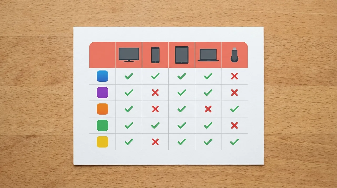 Comparativo visual de compatibilidade de apps de streaming por aparelho — Smart TV, celular, tablet e PC