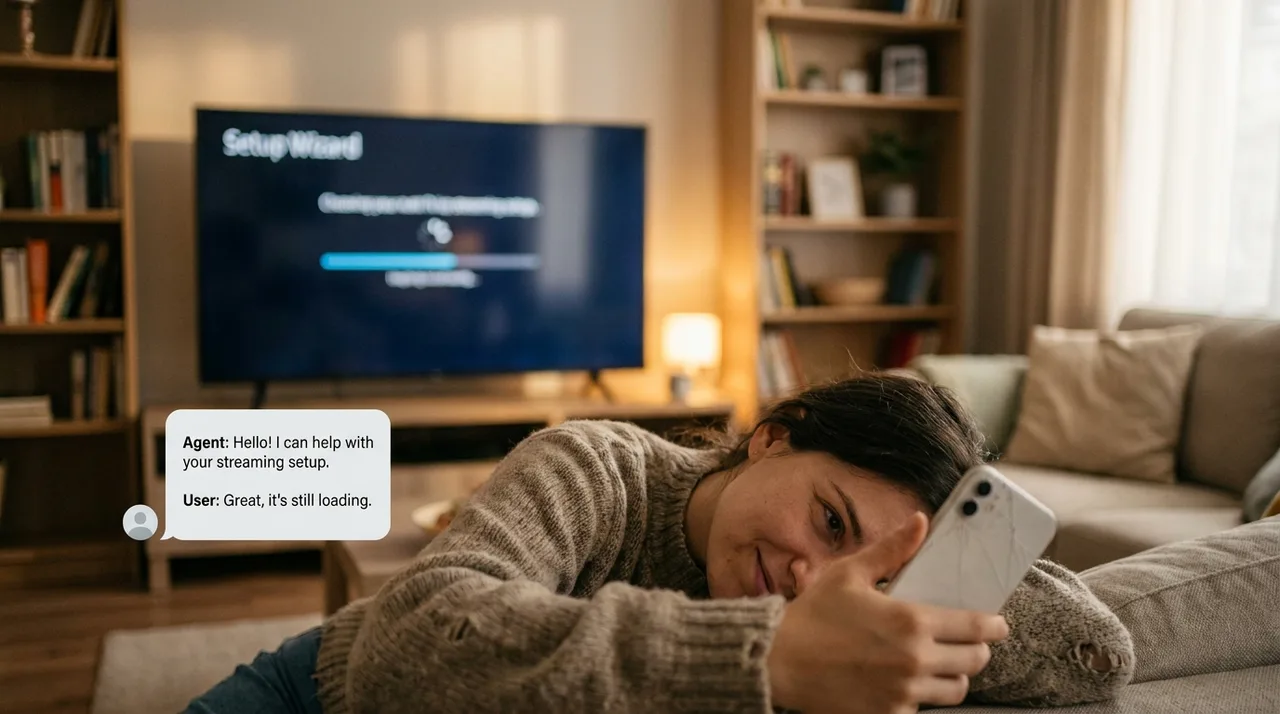 Suporte ao vivo da Pago Menos Vejo Mais via WhatsApp para configurar streaming na Smart TV