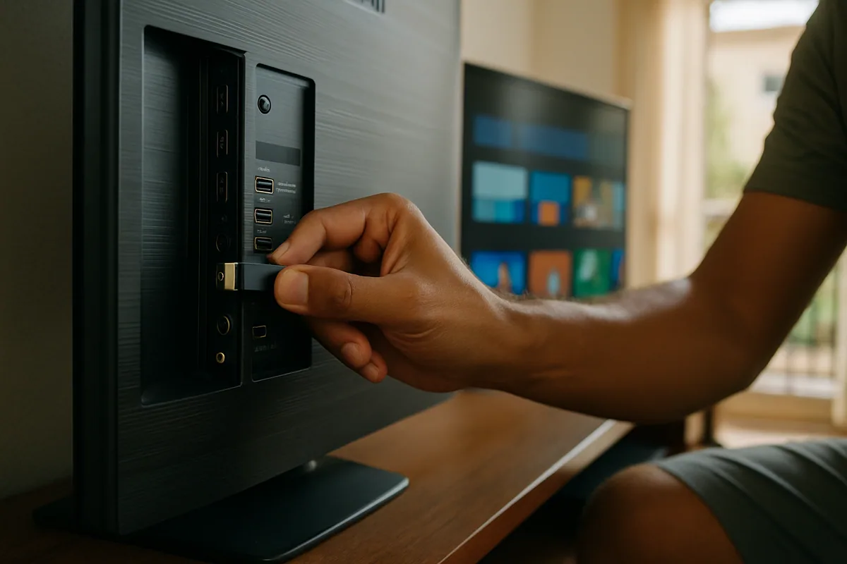 Close numa mão conectando um aparelho pequeno na entrada traseira de uma televisão.