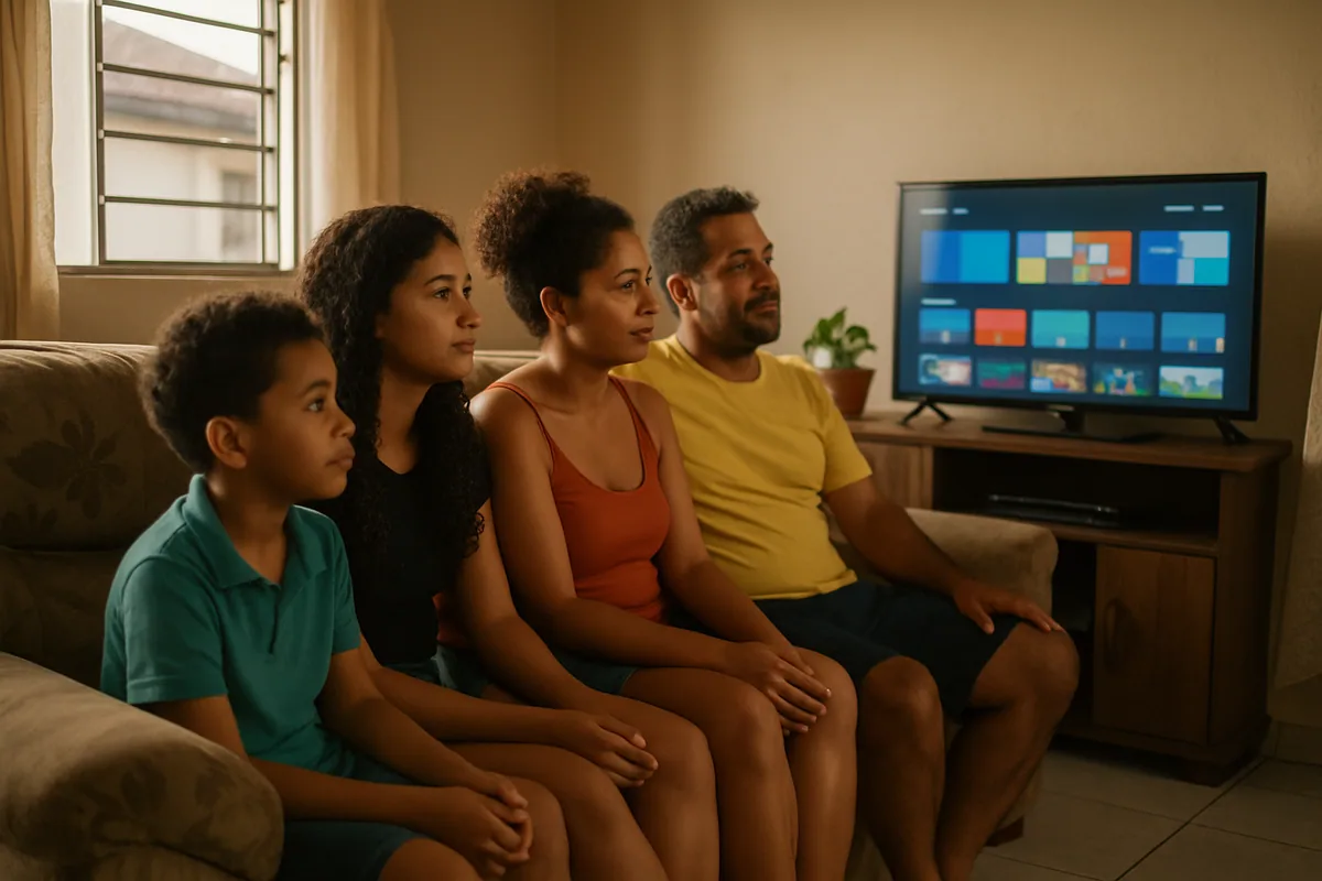 Sala modesta com a família assistindo, luz de fim de tarde, ambiente acolhedor.
