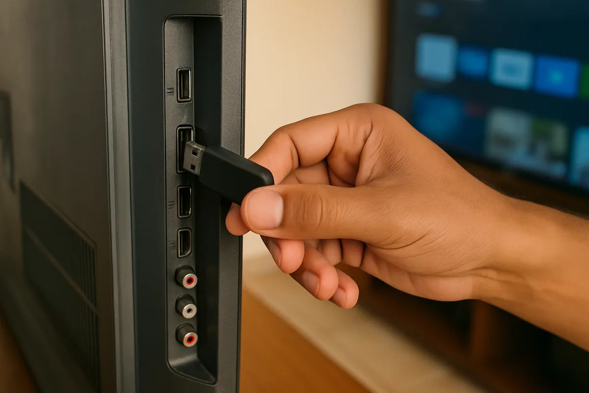 Close numa mão segurando um pen drive na frente da entrada lateral da TV.