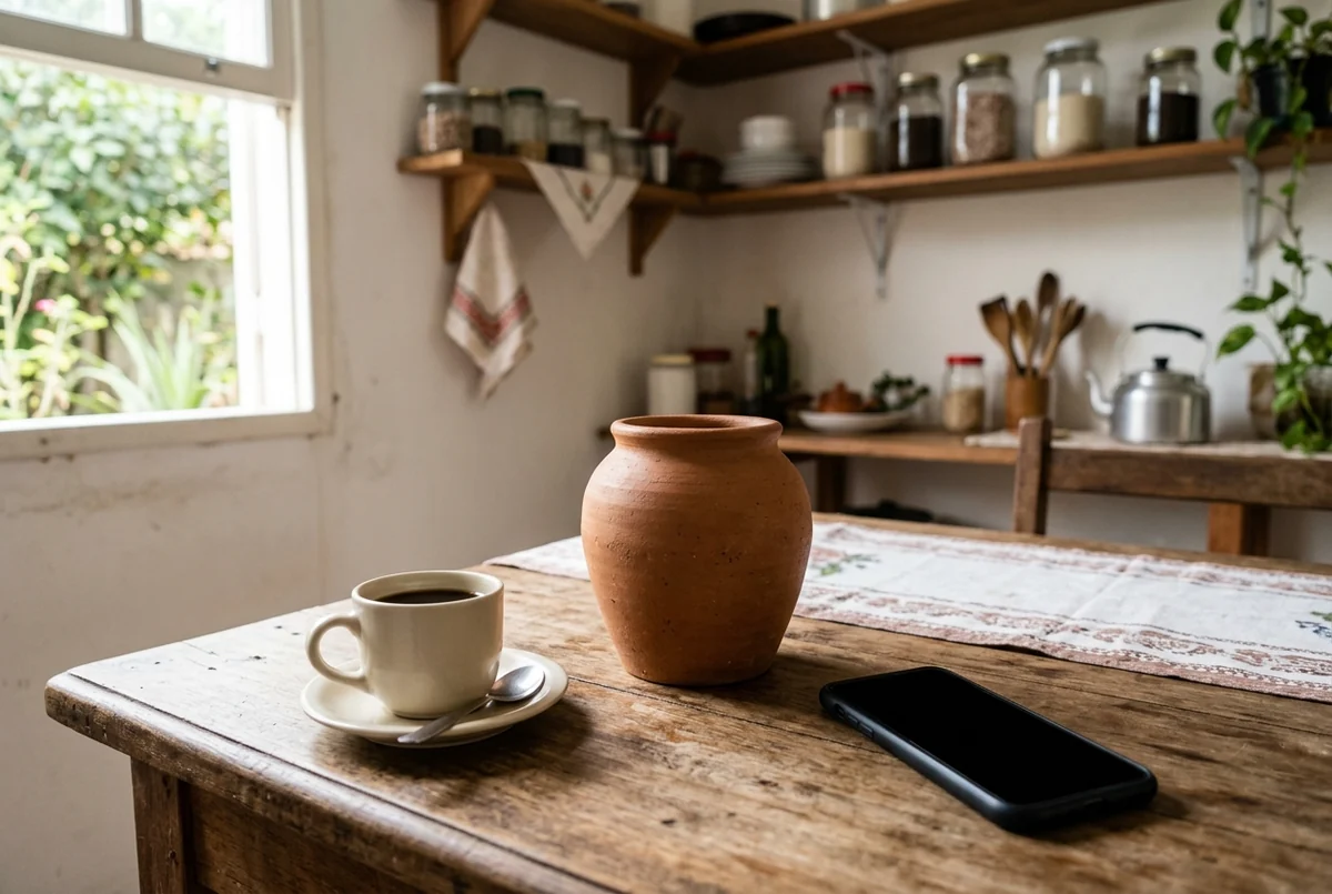 Xícara de café, pote de cerâmica e celular com tela desligada sobre a mesa