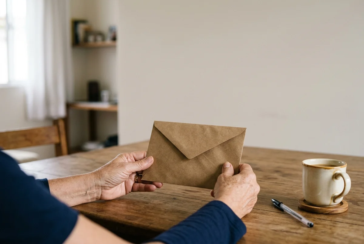 Mãos segurando envelope pardo liso sobre mesa de madeira ao lado de xícara de café