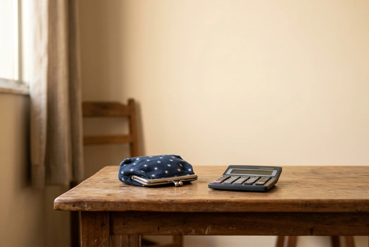 Porta-moedas de tecido azul e calculadora com visor apagado sobre mesa de madeira na sala