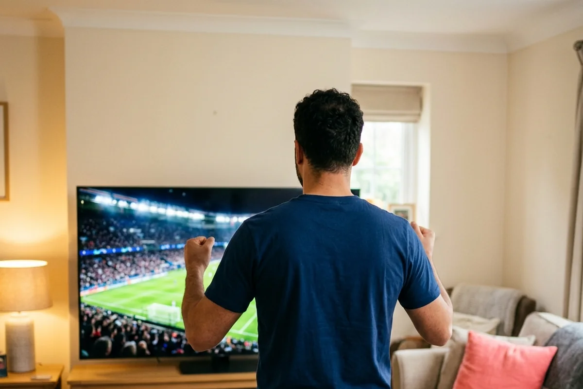 Homem de camiseta azul comemorando diante de uma televisão que mostra um estádio.