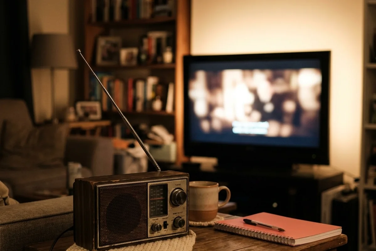 Rádio portátil sobre a mesa, com a televisão desfocada ao fundo.