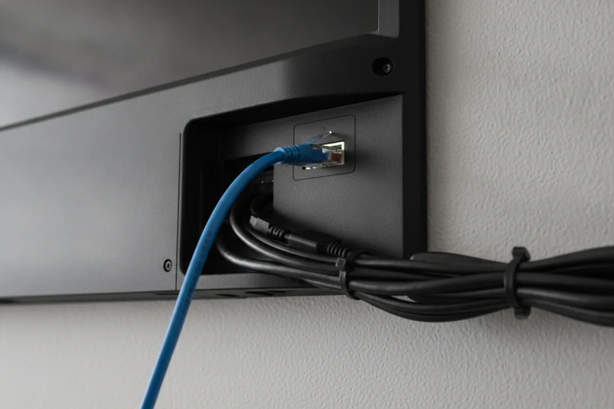 Cabo Ethernet azul conectado à porta de rede na traseira de uma televisão.