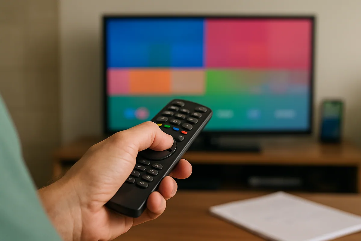 Controle remoto apontado para a TV, dedo sobre o botão de confirmar.