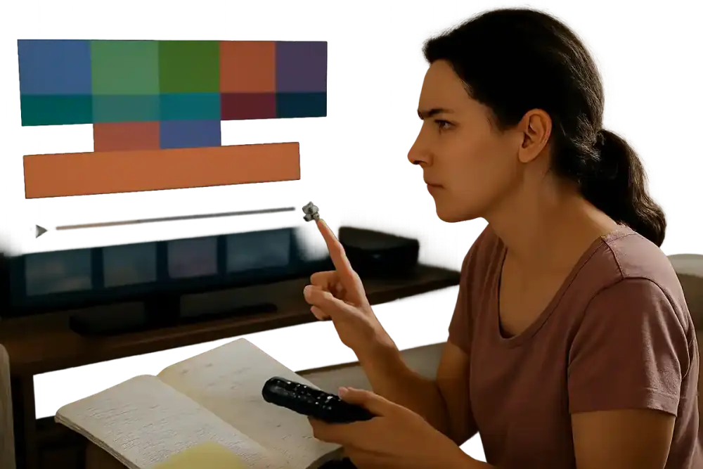 Tela mostrando uma barra de reprodução e um ícone de engrenagem no canto.