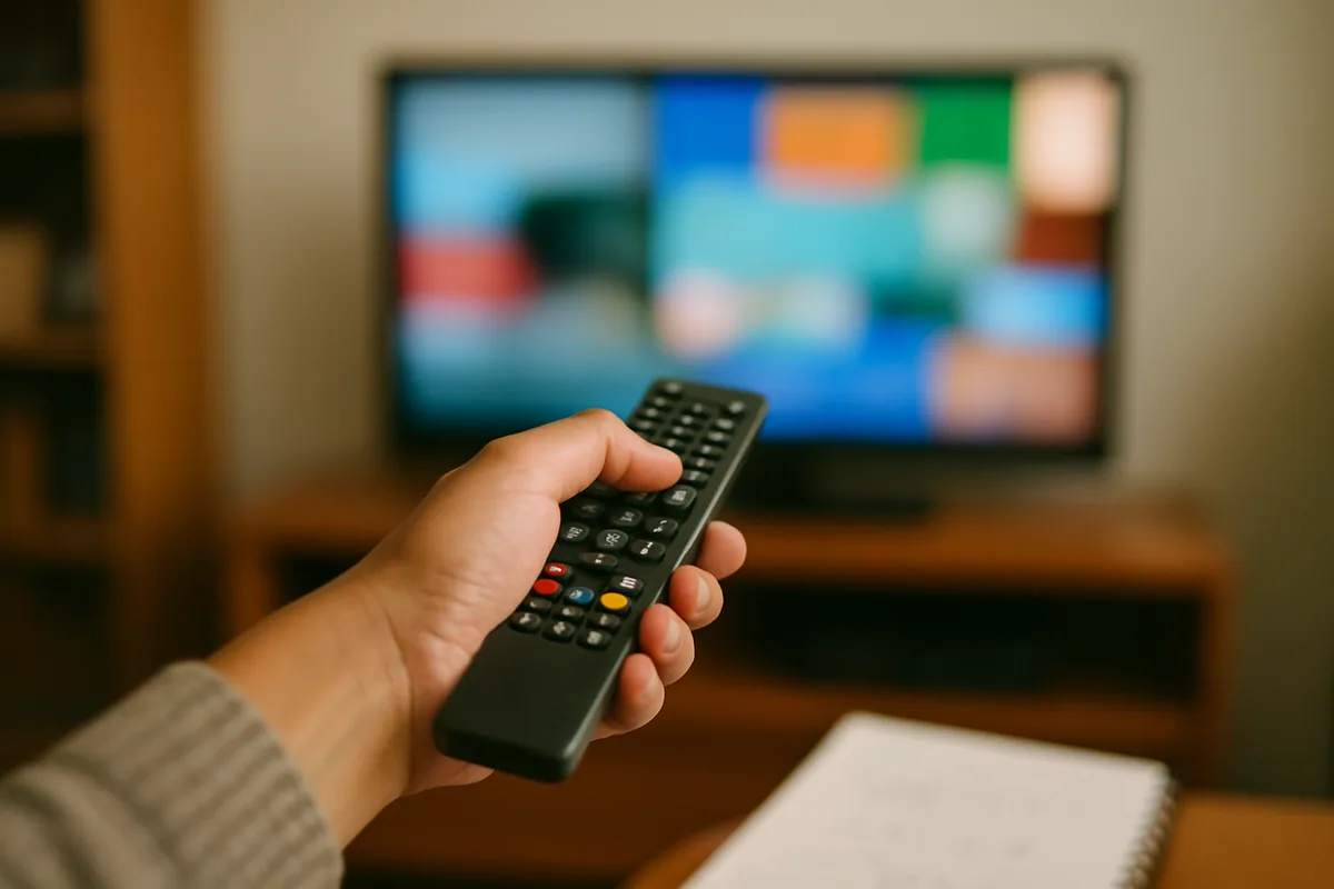 Mãos segurando o controle remoto, apontado para a TV desfocada.