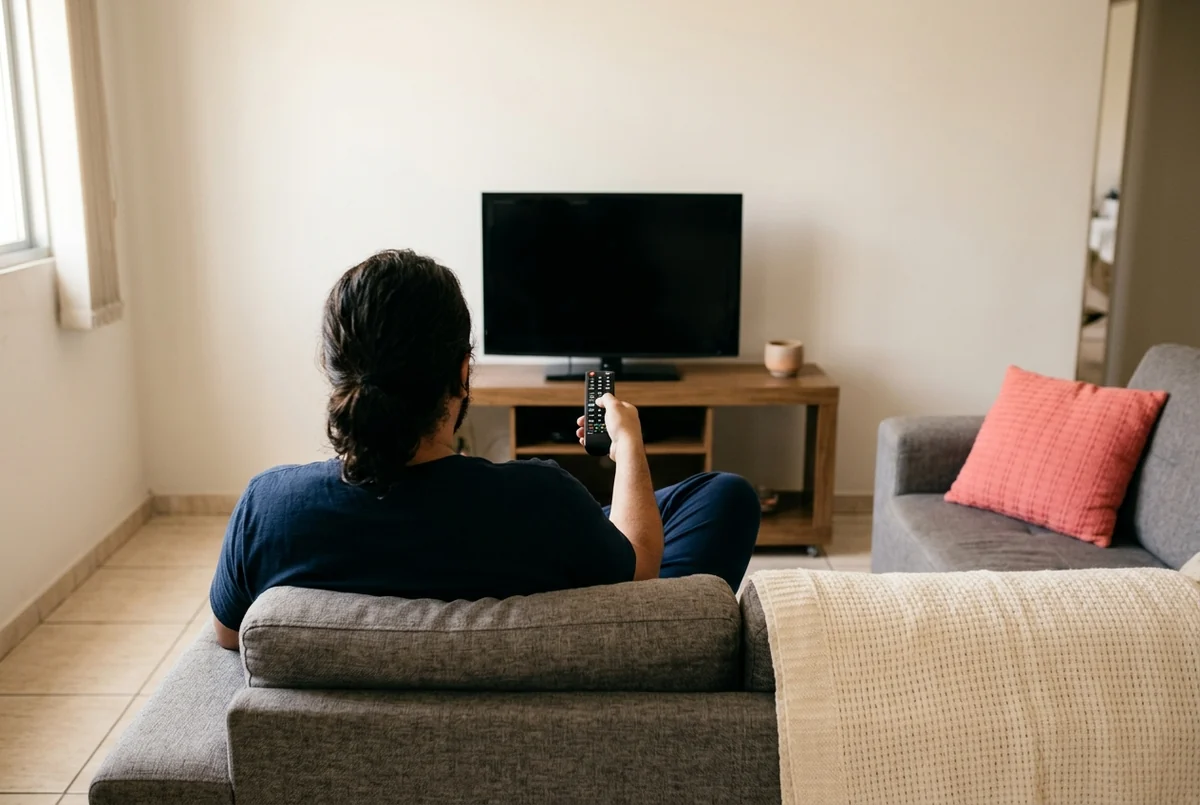 Pessoa de costas no sofá apontando controle remoto para televisão de tela preta desligada