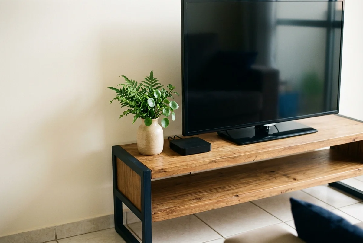 Rack de madeira com televisão desligada, aparelho compacto e vaso com planta verde na sala
