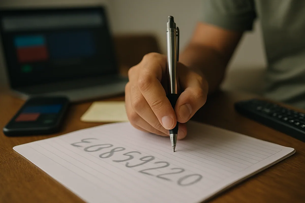 Close num papel com uma sequência de números escritos à mão em letras grandes, mas fora de foco o bastante para não se ler.