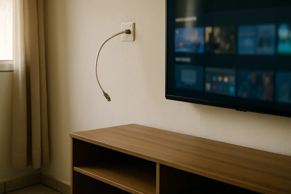 Cabo coaxial desconectado da parede, pendurado, com o rack vazio embaixo da TV.