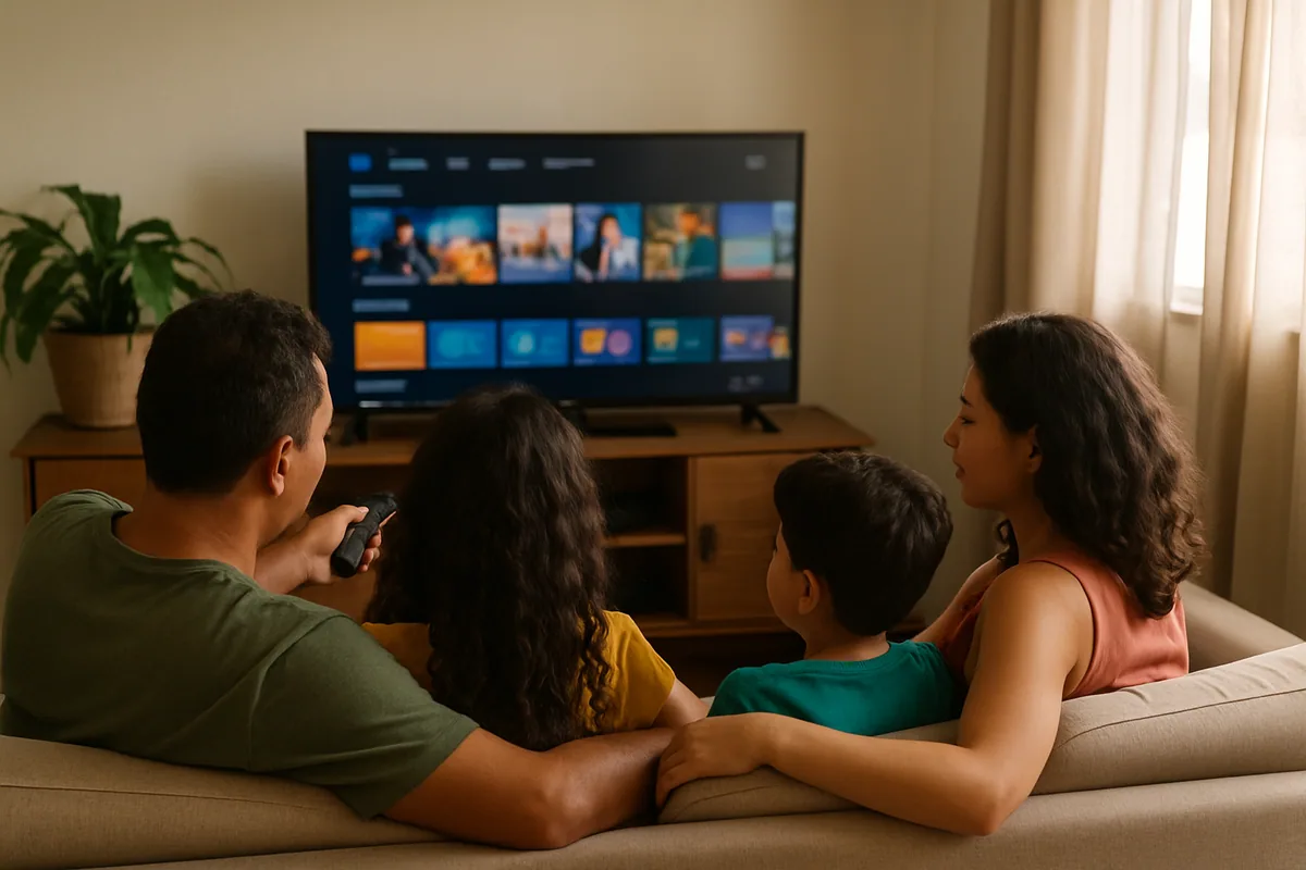 Família no sofá assistindo à TV pela internet, sem aparelho de operadora à vista.