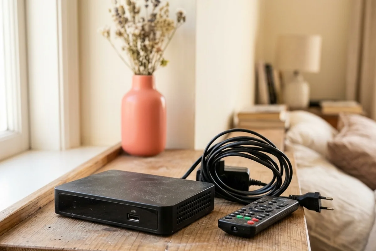 Aparelho de televisão desconectado, com controle e cabo sobre uma mesa junto à janela.