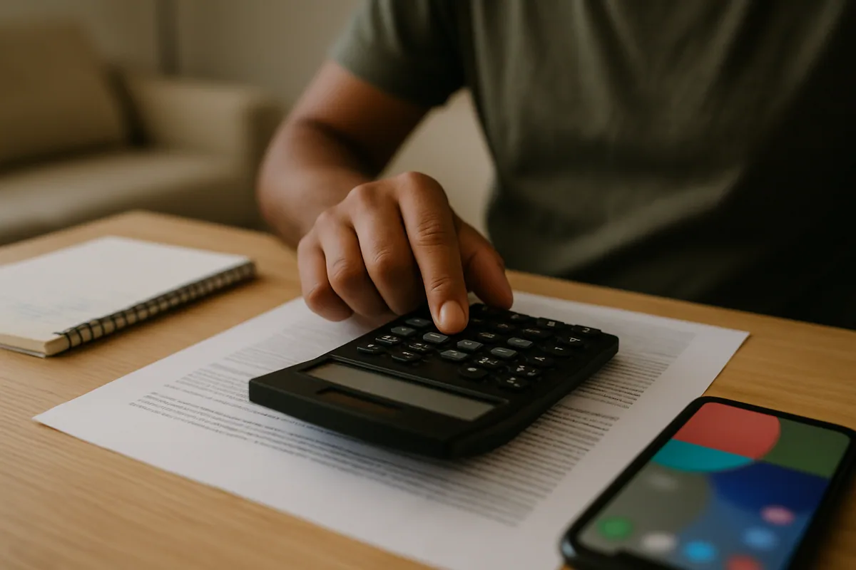 Calculadora sobre a mesa ao lado de um contrato, com a mão de alguém digitando, sem números legíveis no visor.