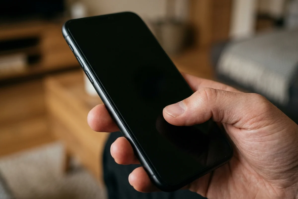 Mão segurando um celular com a tela apagada