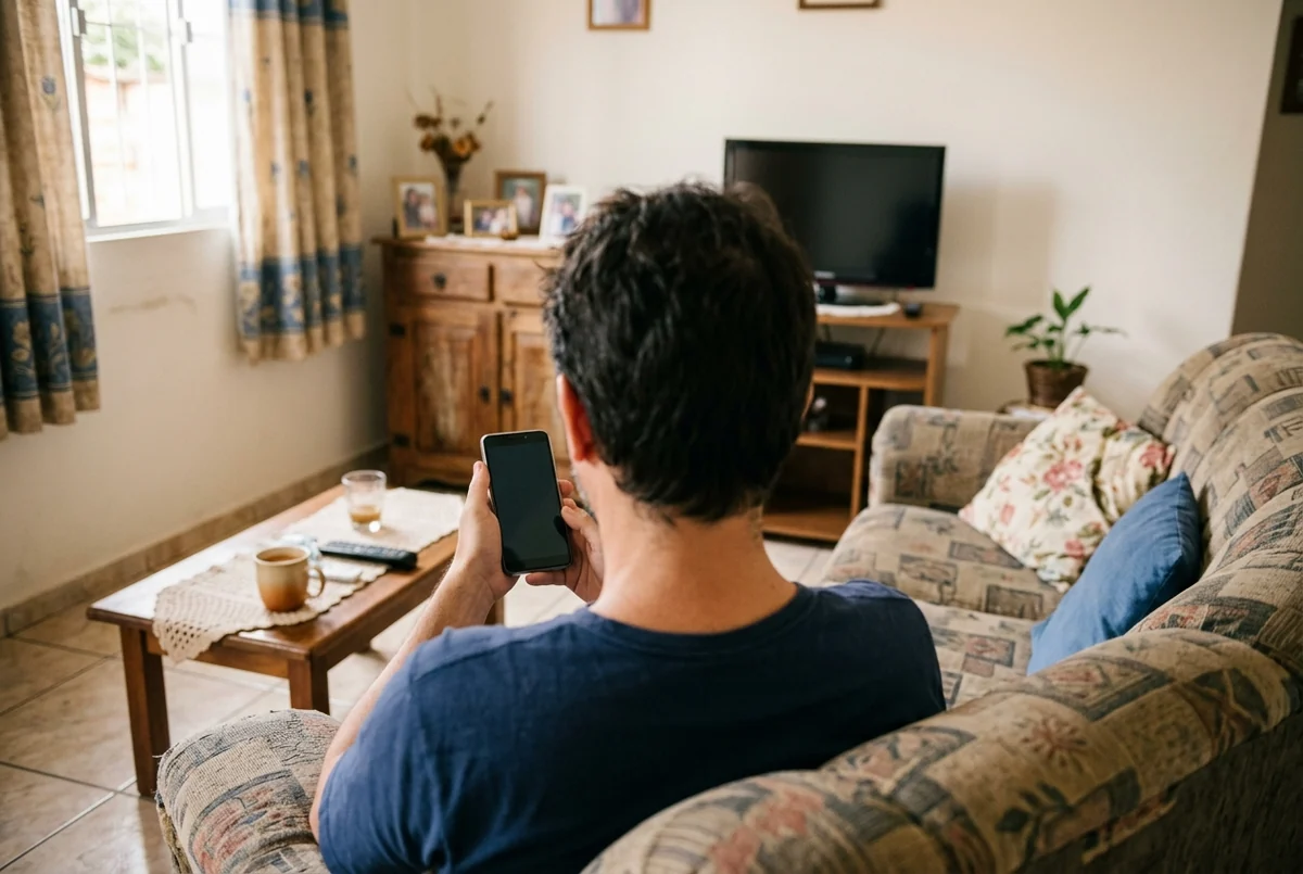 Pessoa vista de costas no sofá segurando celular com tela apagada na sala de estar