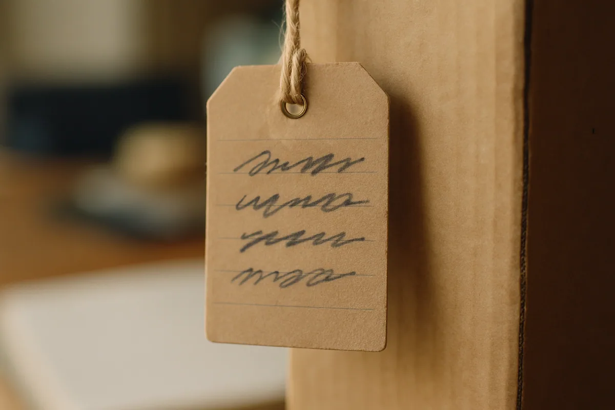 Close numa etiqueta de papelão pendurada numa caixa, com linhas escritas à mão ilegíveis.