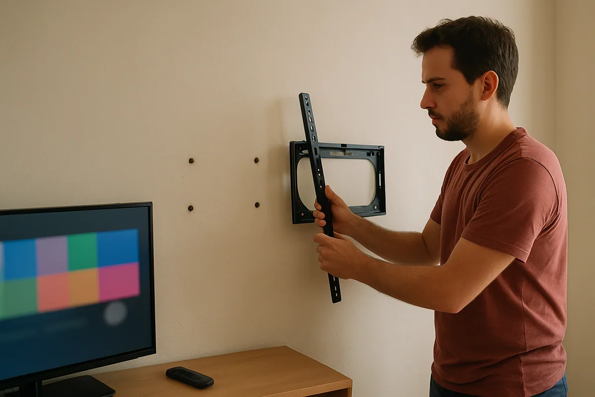Parede vazia com o suporte de TV desmontado e os furos aparentes, num apartamento sendo desocupado.