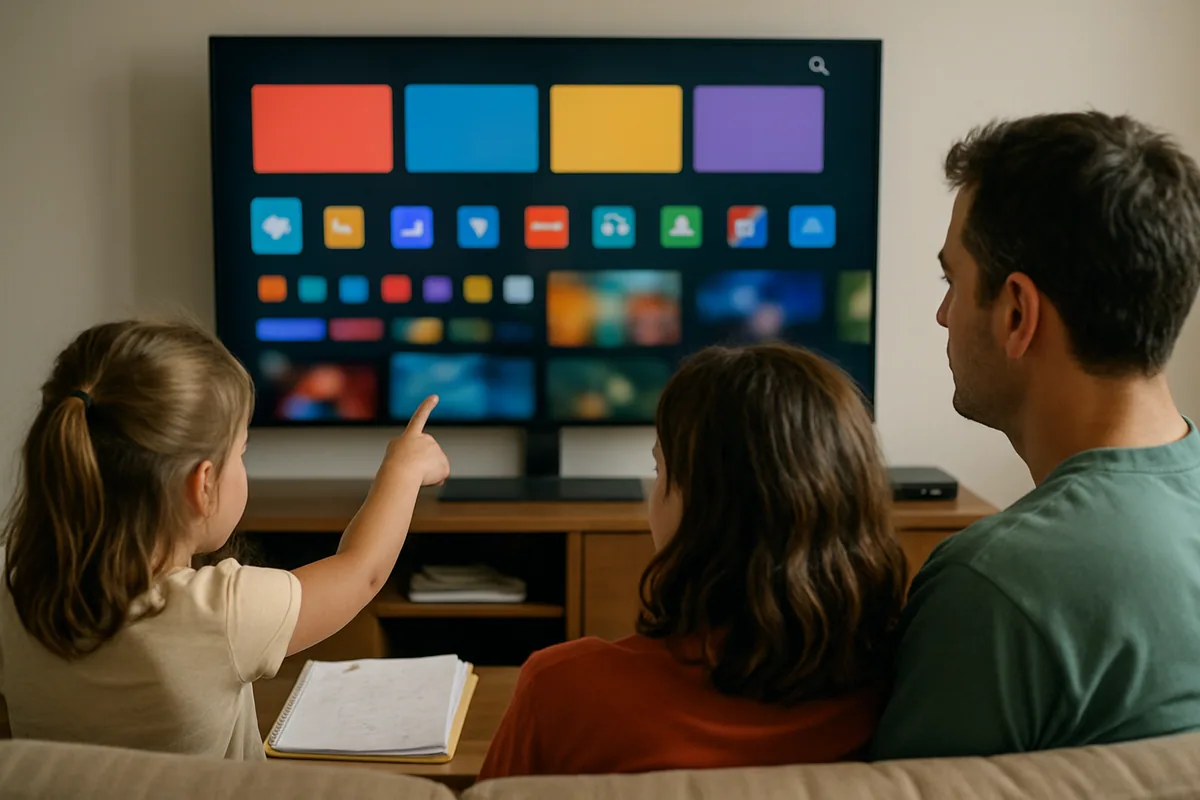 Televisão na parede exibindo uma tela de aplicativos em blocos, e a família de três pessoas ao fundo, de costas, escolhend...