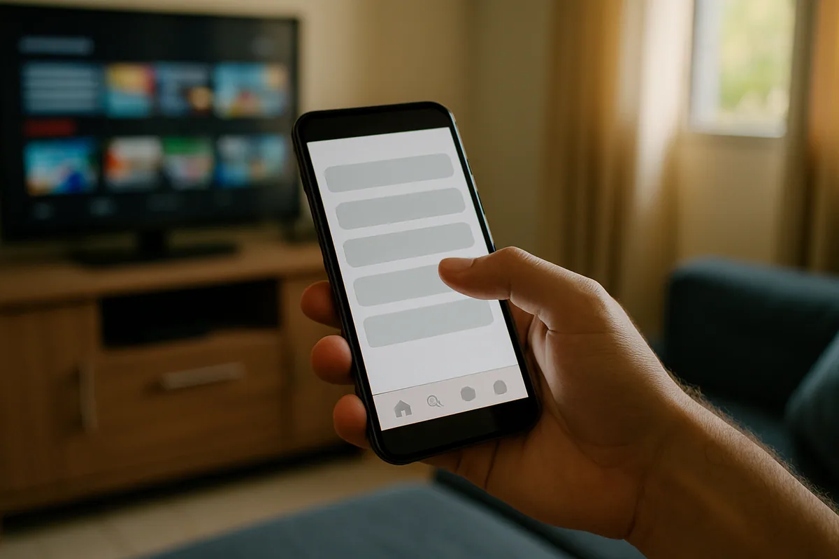 Close numa mão tocando a tela de um celular que mostra uma sequência de blocos de menu, sem letras.