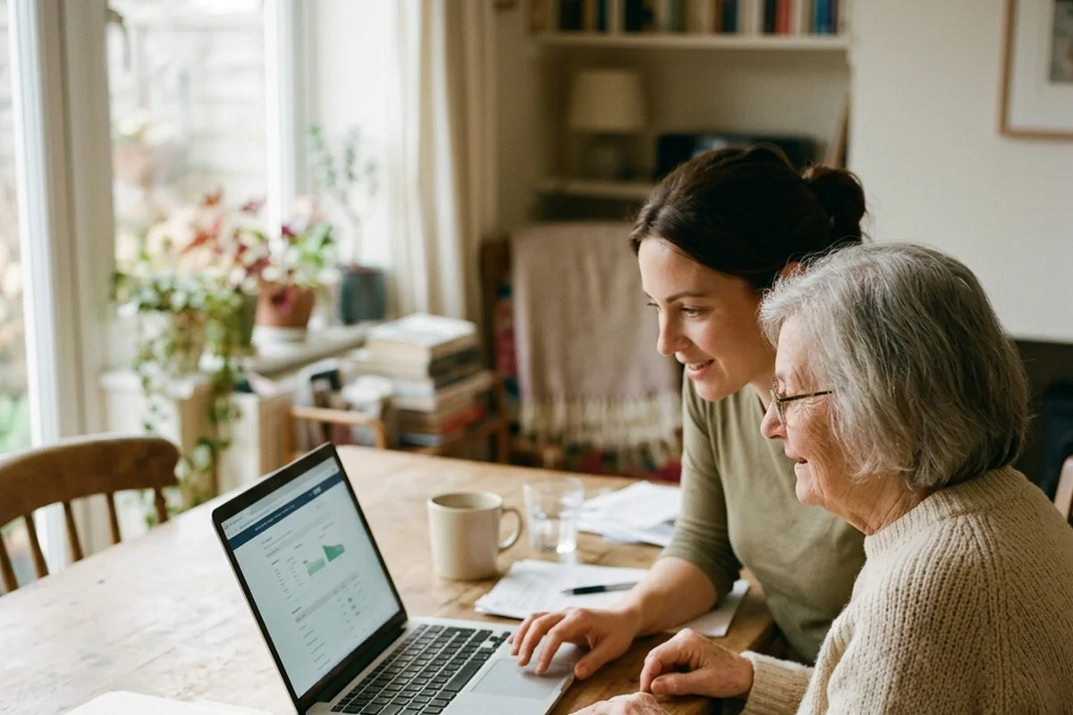 Duas mulheres consultando um notebook e documentos sobre a mesa.