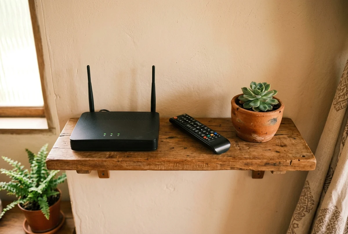 Prateleira com roteador de internet e controle remoto ao lado em ambiente doméstico