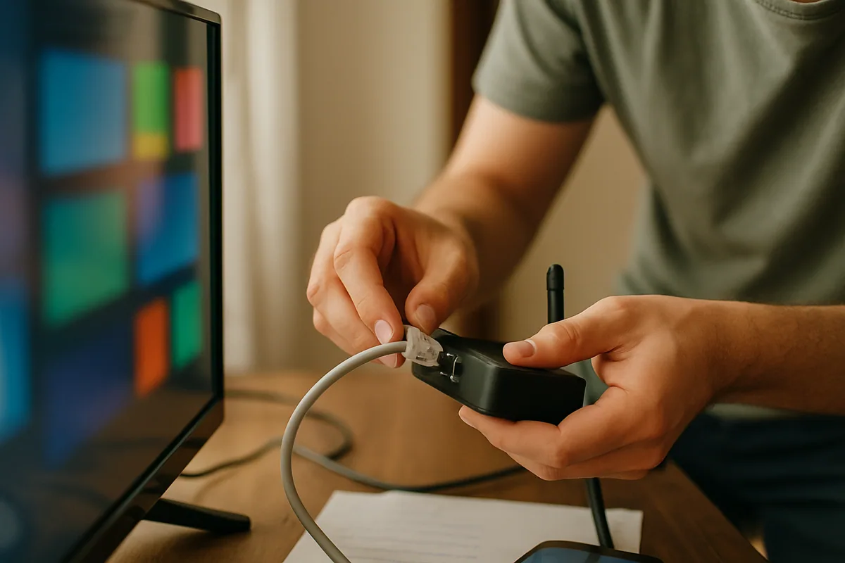 Mãos conectando um cabo de rede no aparelho pequeno atrás da TV.