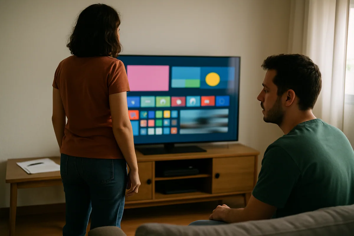 Sala com duas pessoas assistindo, uma delas de pé, diante da televisão acesa.