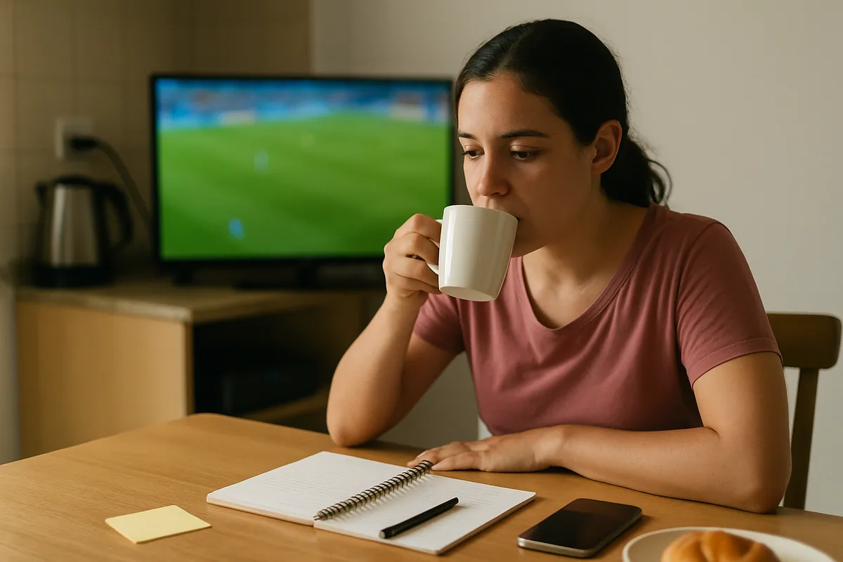 Pessoa sentada à mesa da cozinha tomando café com a TV acesa ao fundo mostrando verde de campo.