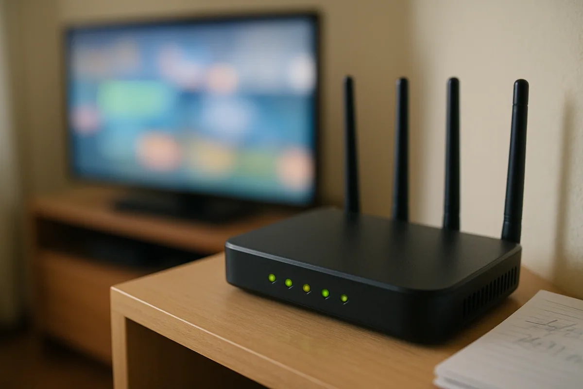 Roteador aceso na estante com as luzes verdes, e a TV desfocada ao fundo.