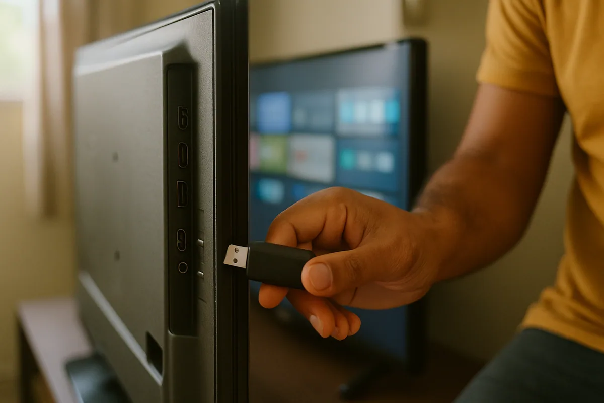 Close num pen drive sendo encaixado na entrada lateral da televisão.