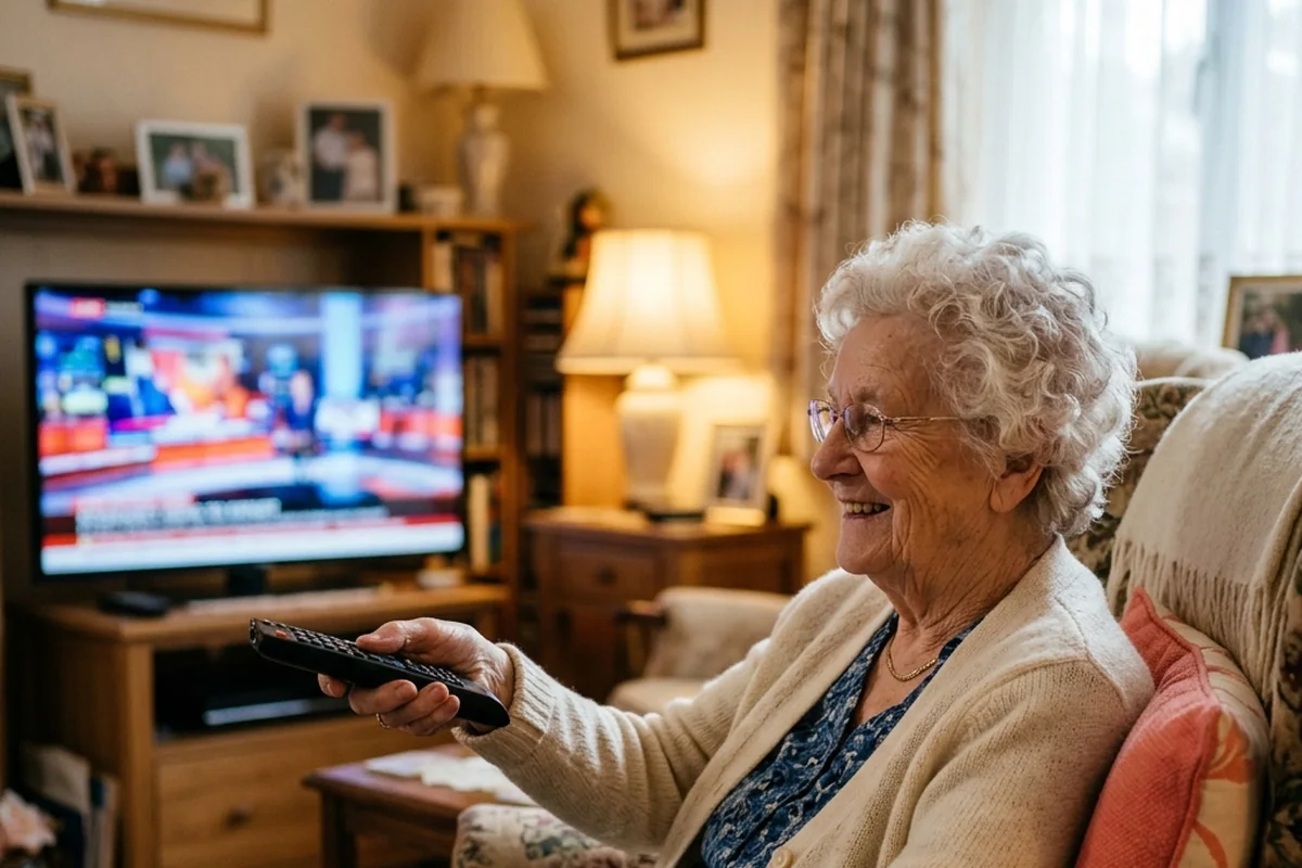 Senhora no sofá usando o controle remoto, com a televisão ao fundo.
