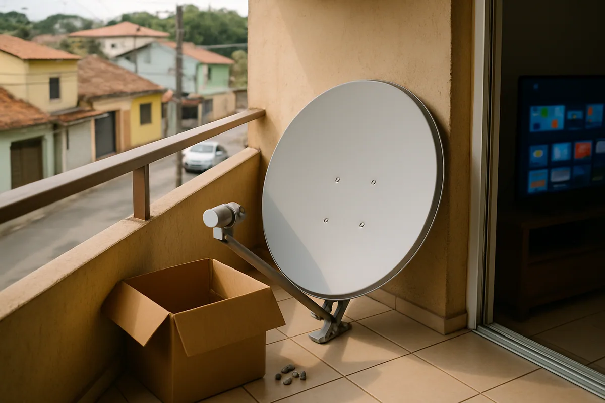 Antena parabólica pequena desmontada apoiada na varanda de um apartamento, com os parafusos soltos ao lado, ao lado de uma...