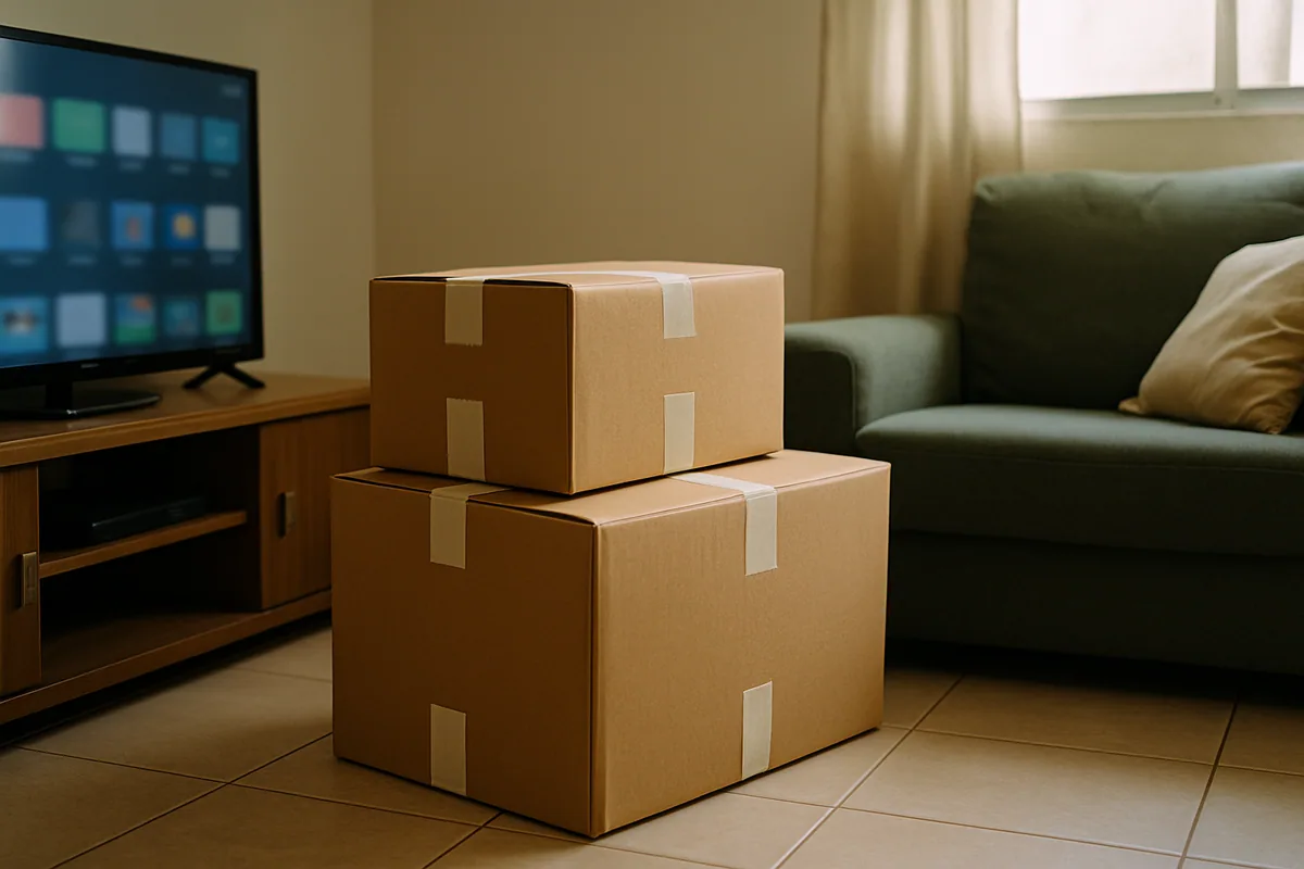 Duas caixas de equipamento fechadas com fita, prontas para postagem, no canto de uma sala.