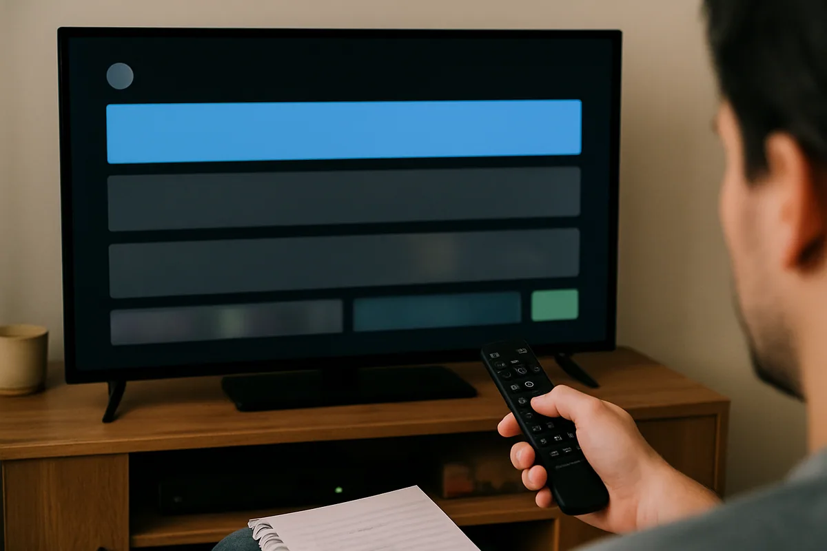 Tela de TV mostrando uma lista de dispositivos em blocos, com o primeiro item destacado em azul.