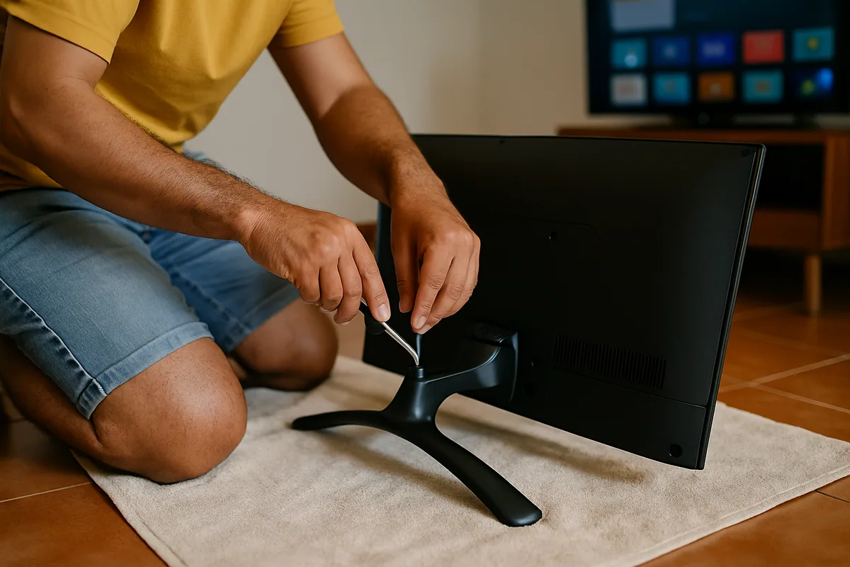 Mãos parafusando a base na parte de baixo da televisão, sobre uma toalha estendida no chão.