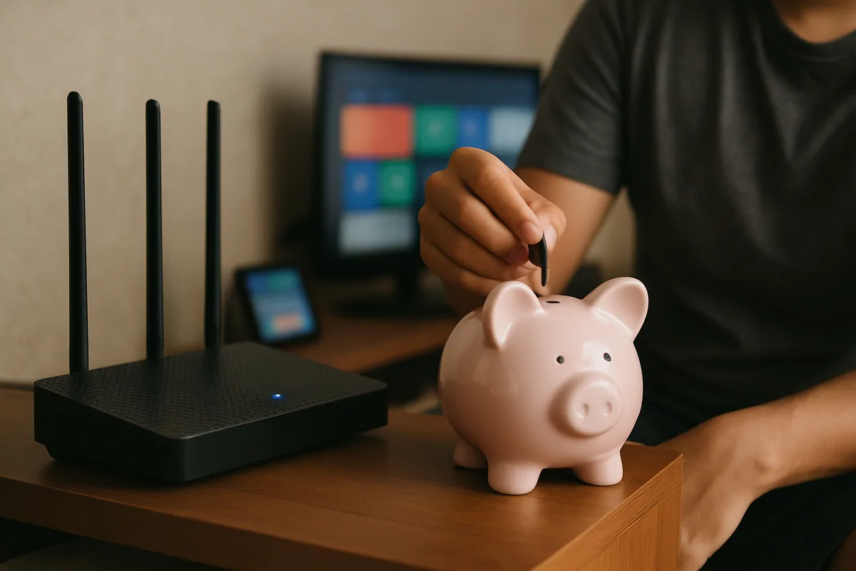 Roteador de internet aceso na estante, ao lado de um cofrinho de porcelana simples.