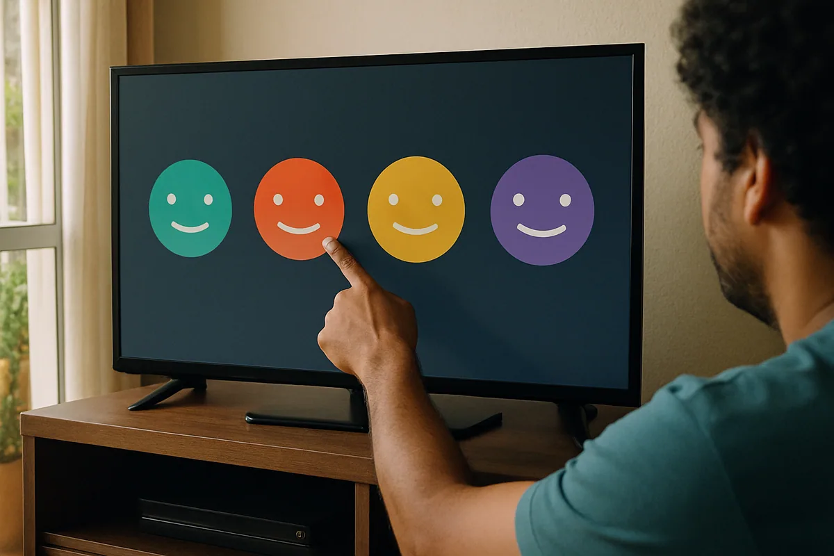 Close numa mão criando perfis numa tela de TV representados por círculos coloridos sem nomes.
