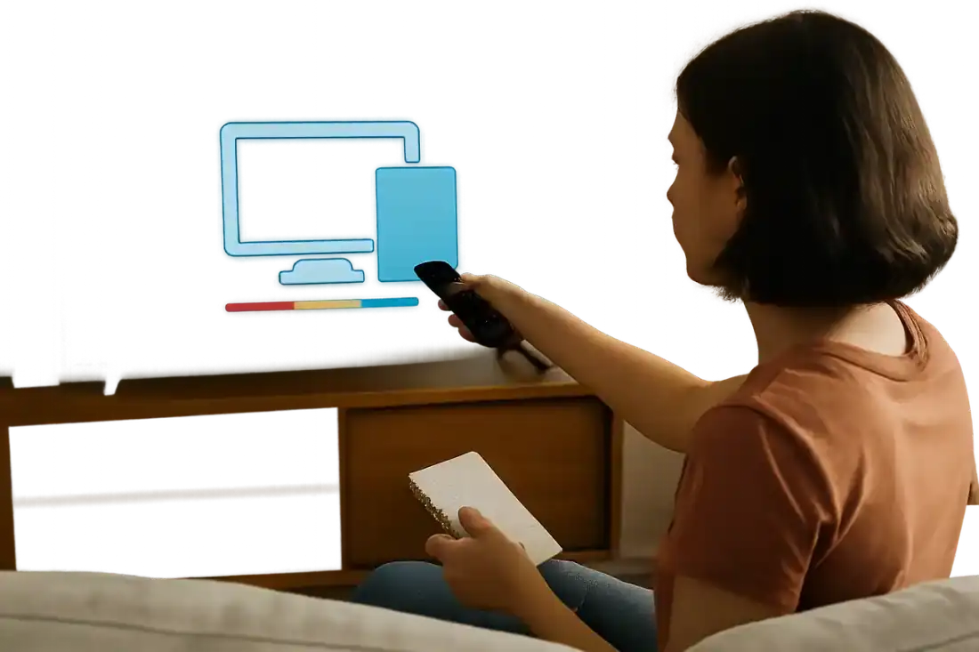 Televisão exibindo um ícone de conexão entre dois retângulos, um pequeno e um grande.