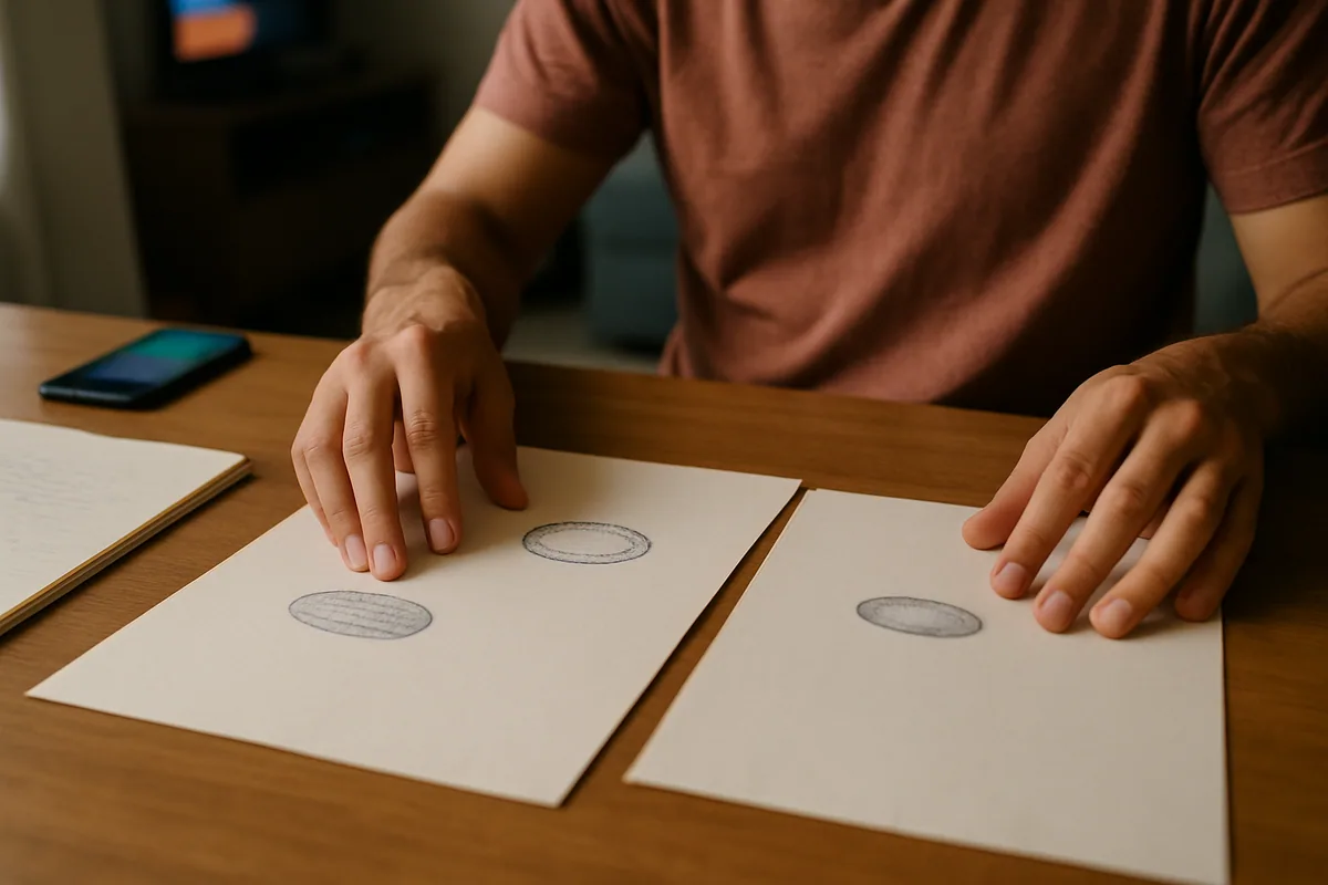 Mãos organizando três folhas de papel sobre a mesa, cada uma com um carimbo diferente, como quem monta um dossiê.