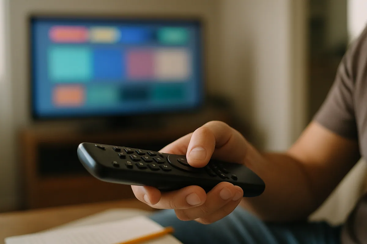 Controle com o dedo sobre o botão de confirmar, TV desfocada ao fundo.