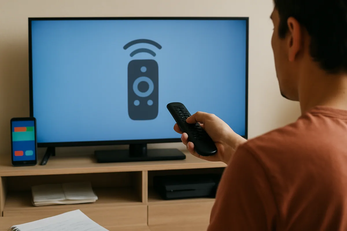 Televisão exibindo um ícone de controle remoto grande no centro da tela, com ondas saindo dele.