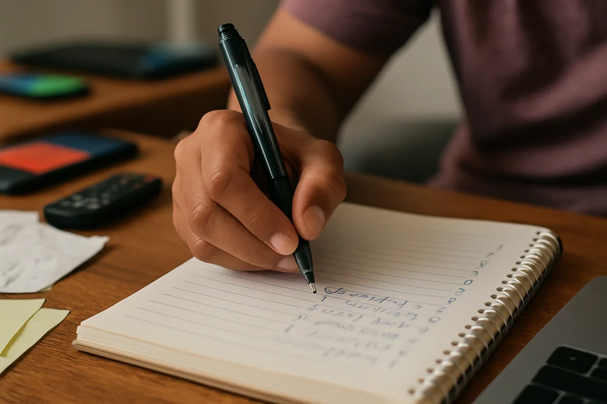 Close numa mão marcando com caneta um item de uma lista numerada escrita à mão num caderno.