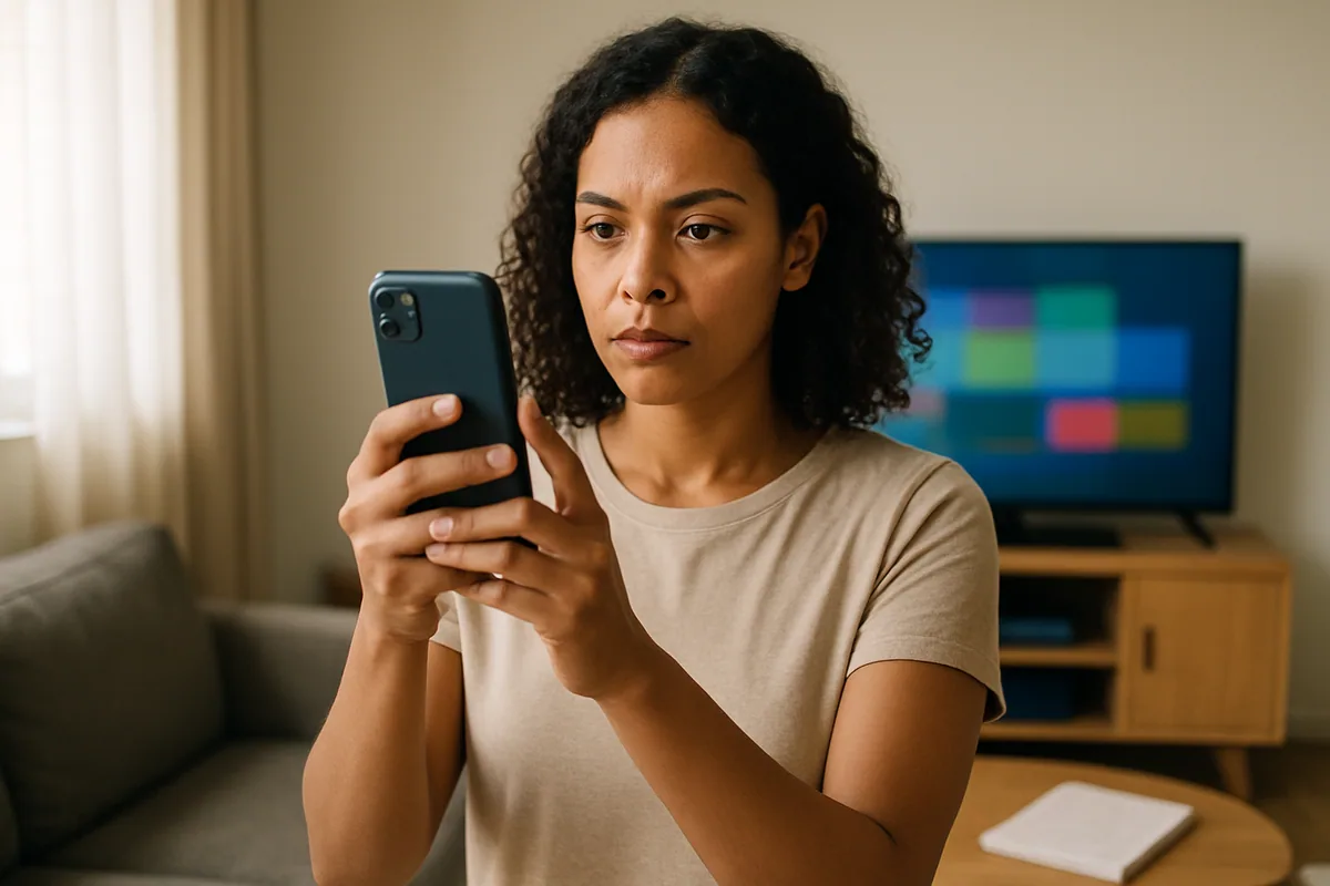Pessoa de pé, segurando o celular na altura do rosto, calma e firme, numa sala clara — a postura de quem está exigindo um...