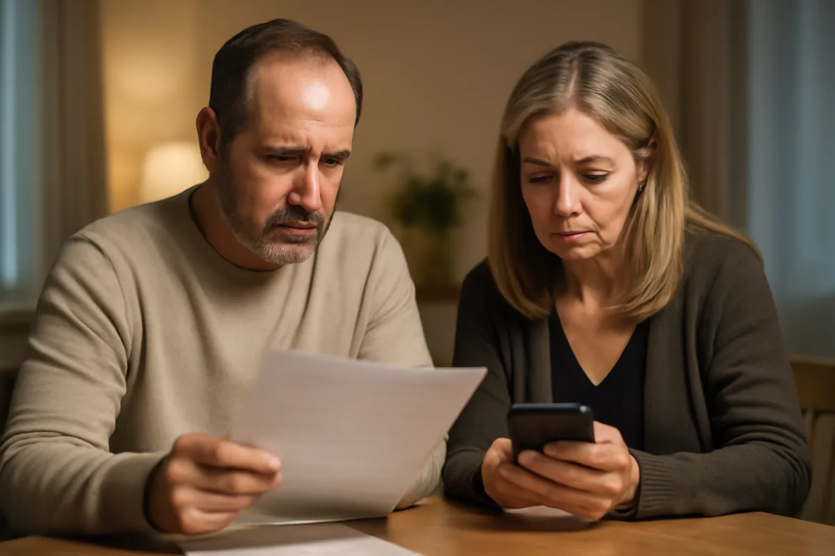 Casal comparando uma folha impressa com informações no celular.
