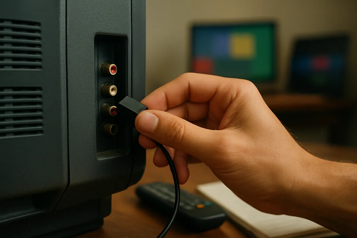 Aparelho pequeno sendo encaixado na entrada traseira de uma TV antiga.