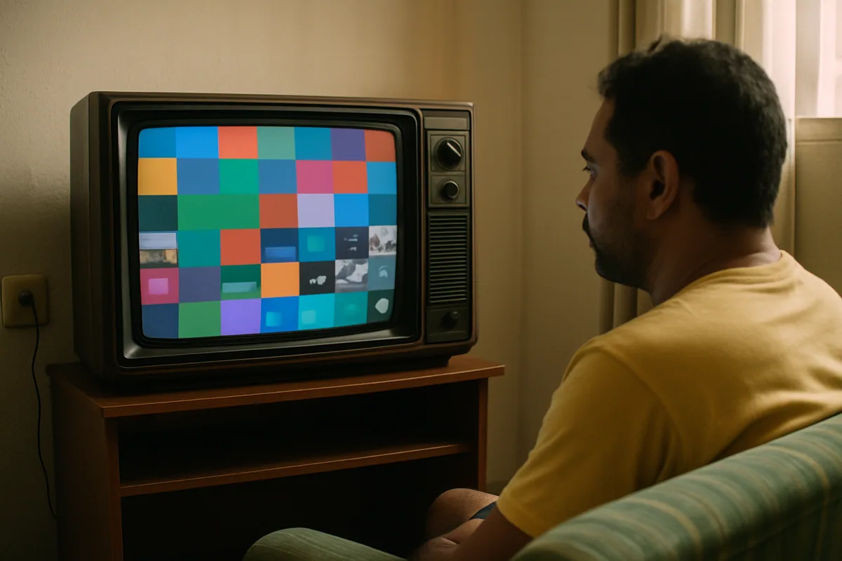 A mesma TV antiga agora mostrando uma grade moderna de blocos coloridos na tela.